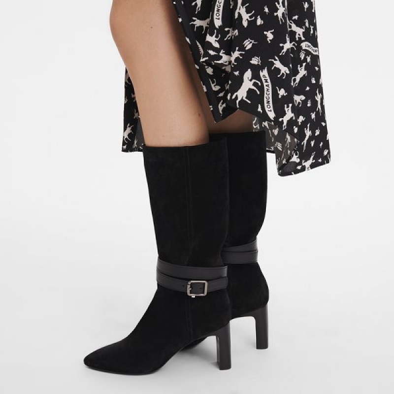 Black Longchamp Roseau Heeled Women's Boots | 80961-PBIO