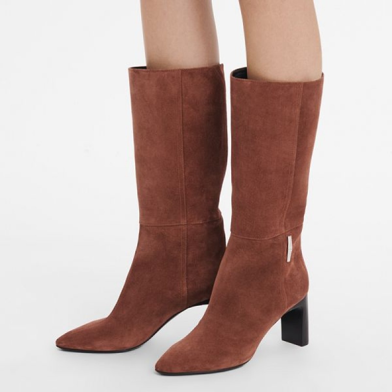 Burgundy Longchamp Roseau Heeled Women's Boots | 20978-BEYK