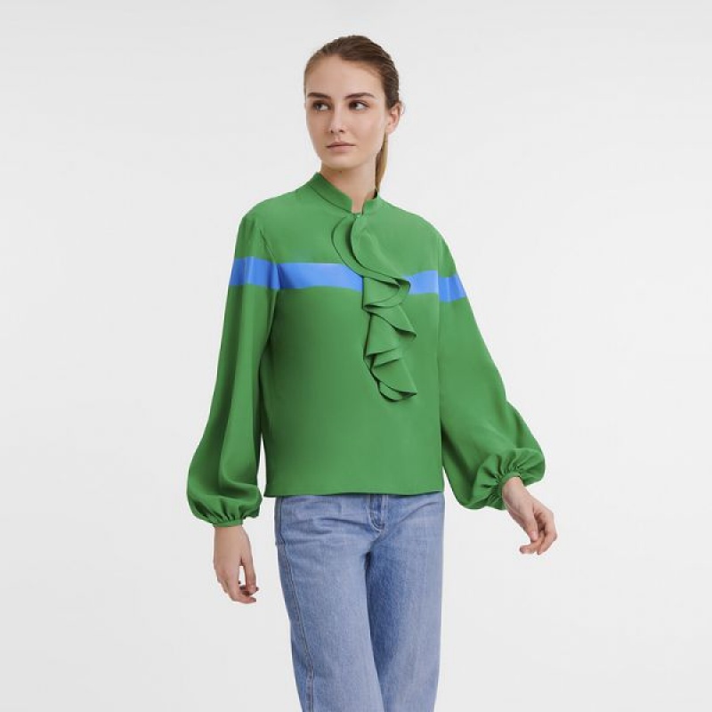 Green / Blue Longchamp Crepe Women's Blouse | 09184-DLEQ