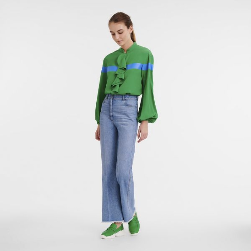 Green / Blue Longchamp Crepe Women's Blouse | 09184-DLEQ