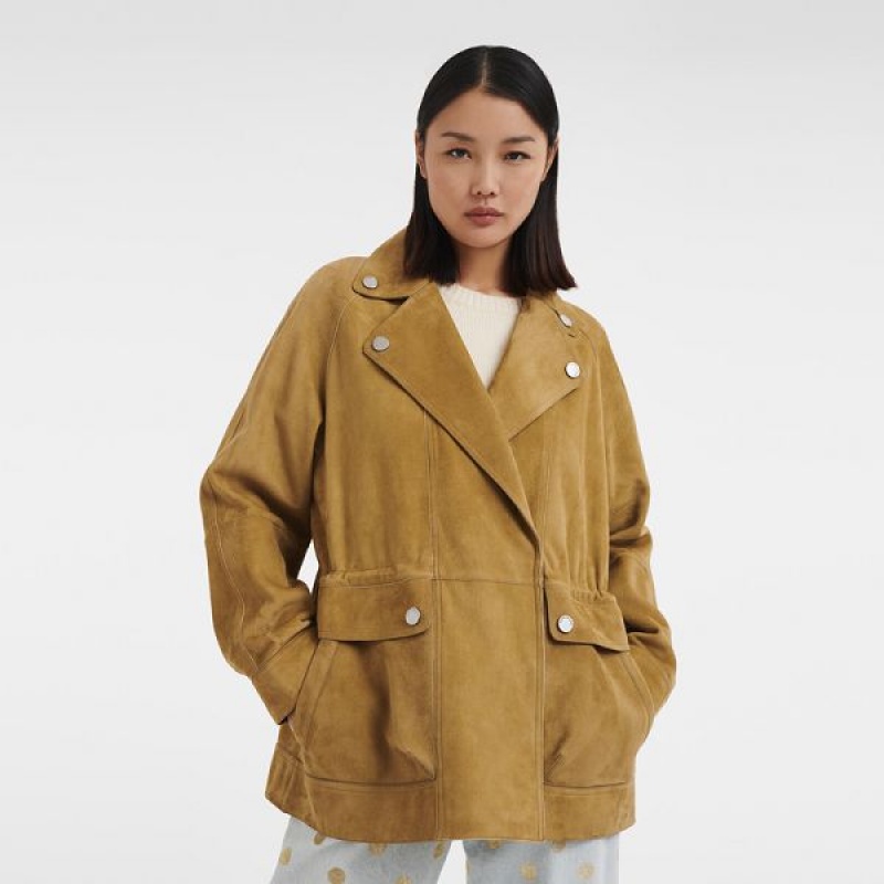 Khaki Longchamp Leather Women's Jackets | 08914-SFPV