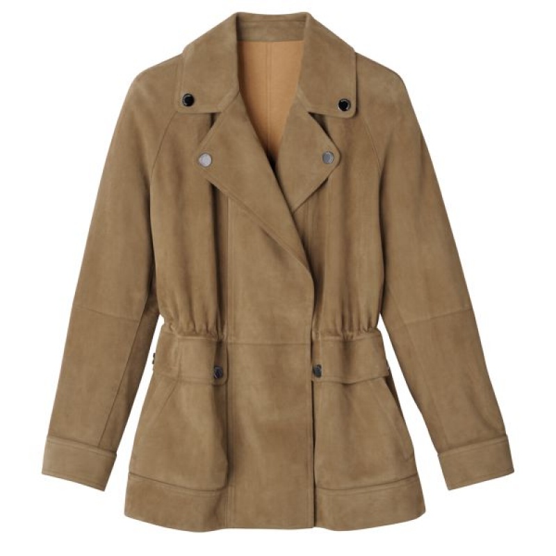 Khaki Longchamp Leather Women's Jackets | 08914-SFPV