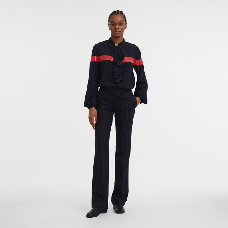 Navy Longchamp Crepe Women's Blouse | 86095-ROVU