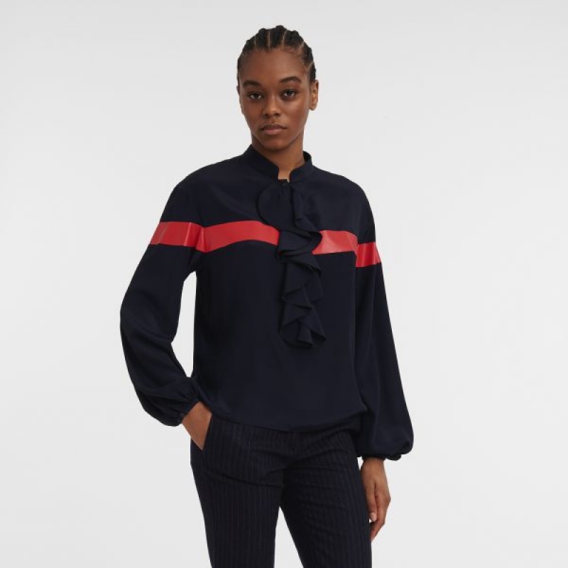 Navy Longchamp Crepe Women's Blouse | 86095-ROVU