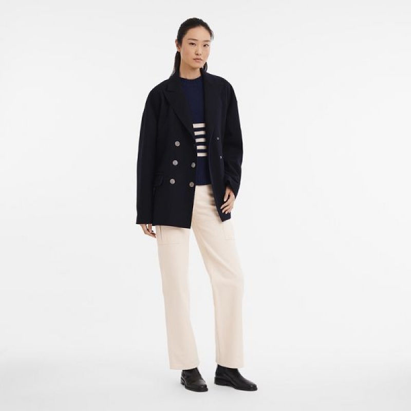 Navy Longchamp Pea Women's Coats | 73512-QCNM