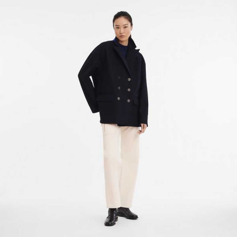 Navy Longchamp Pea Women's Coats | 73512-QCNM