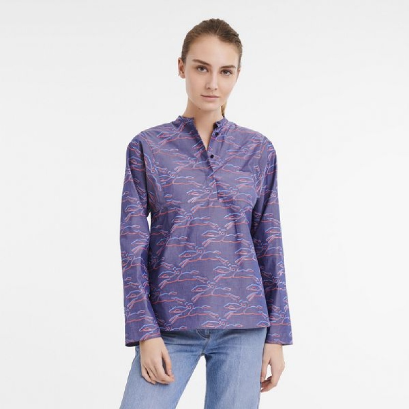 Navy Longchamp Popelin Women's Shirts | 72530-WVUX