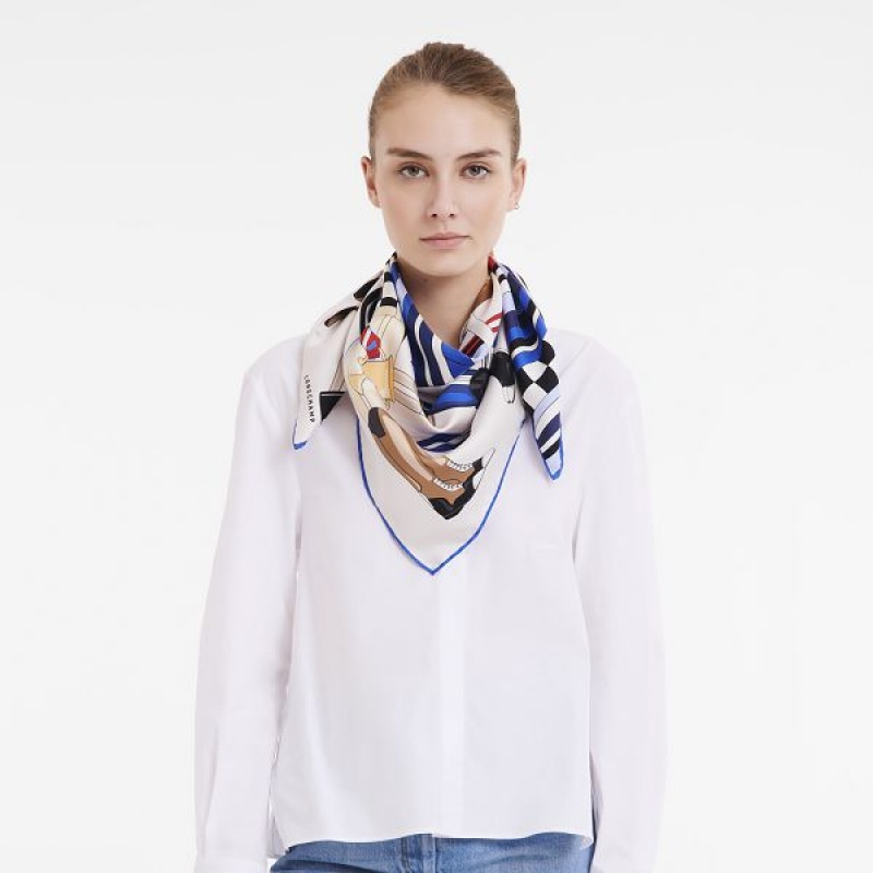 White Longchamp Jockey Silk 90 Women's Scarf | 87065-YAFS