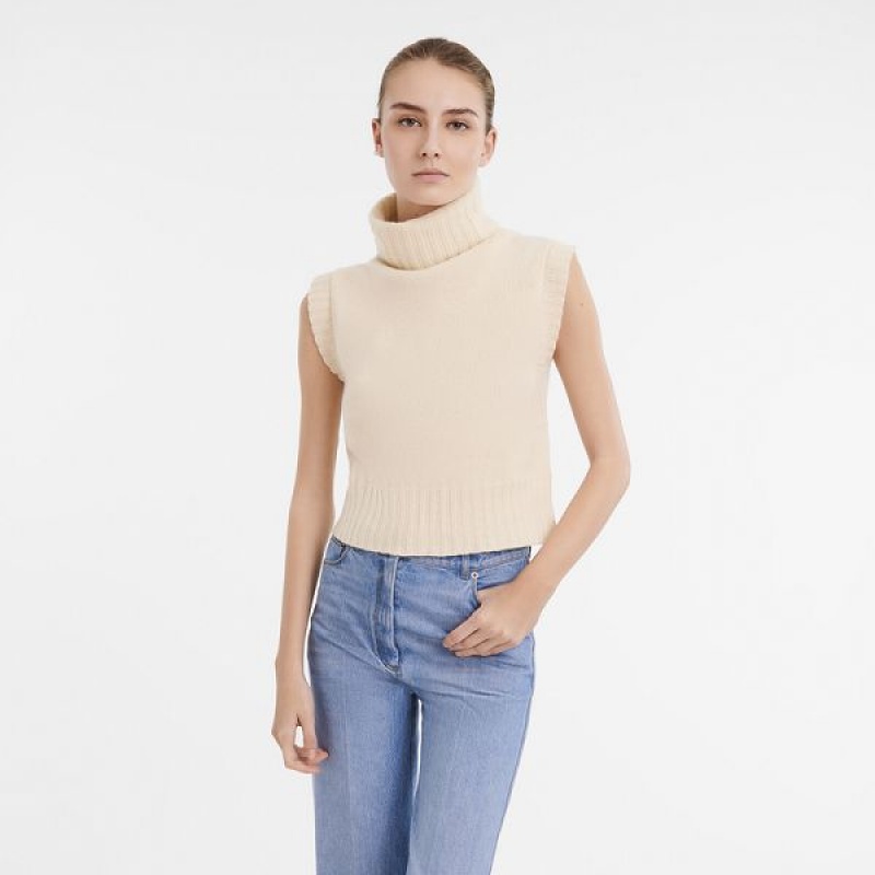 White Longchamp Sleeveless Women's Sweaters | 02971-MQSN